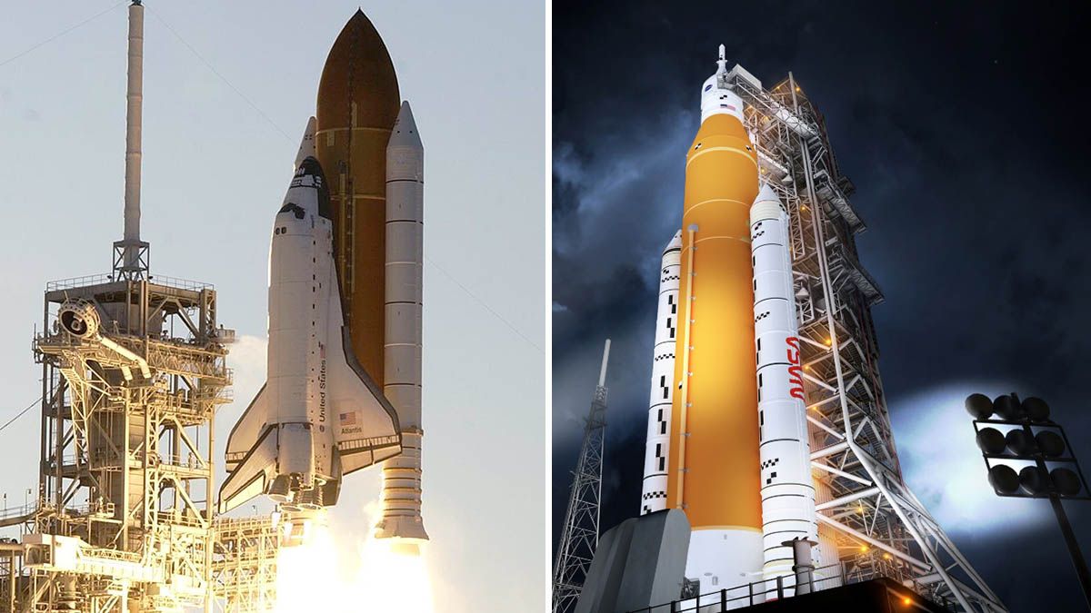 Izquierda: el transbordador espacial. Derecha: el Sistema de Lanzamiento de la Nasa para las nuevas misiones a la Luna, similar al del transbordador espacial, pero mejorado. 