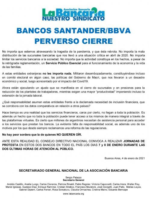 Comunicado oficial de La Bancaria.