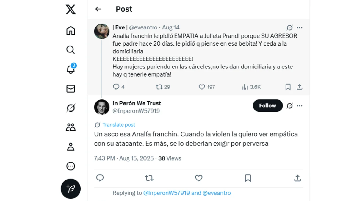 Analía Franchín le preguntó a Julieta Prandi si su ex condenado por abuso merecía domiciliaria y generó repudio masivo. Analía Franchín le preguntó a Julieta Prandi si su ex condenado por abuso merecía domiciliaria y generó repudio masivo.