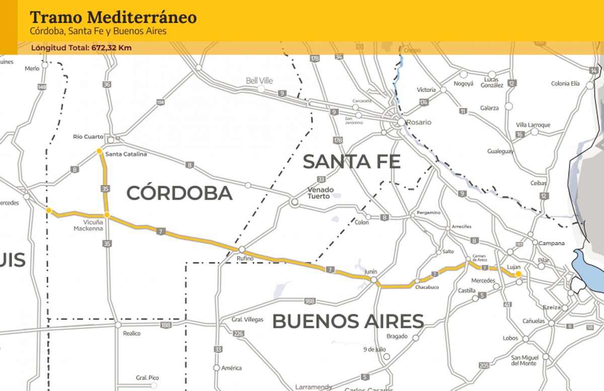 En el Tramo Mediterráneo se licitarán 673 kilómetros de la Ruta Nacional 7, que pasa por la localidad de Rufino, al sur de Santa Fe, y de la 35, en Córdoba. En el Tramo Mediterráneo se licitarán 673 kilómetros de la Ruta Nacional 7, que pasa por la localidad de Rufino, al sur de Santa Fe, y de la 35, en Córdoba.