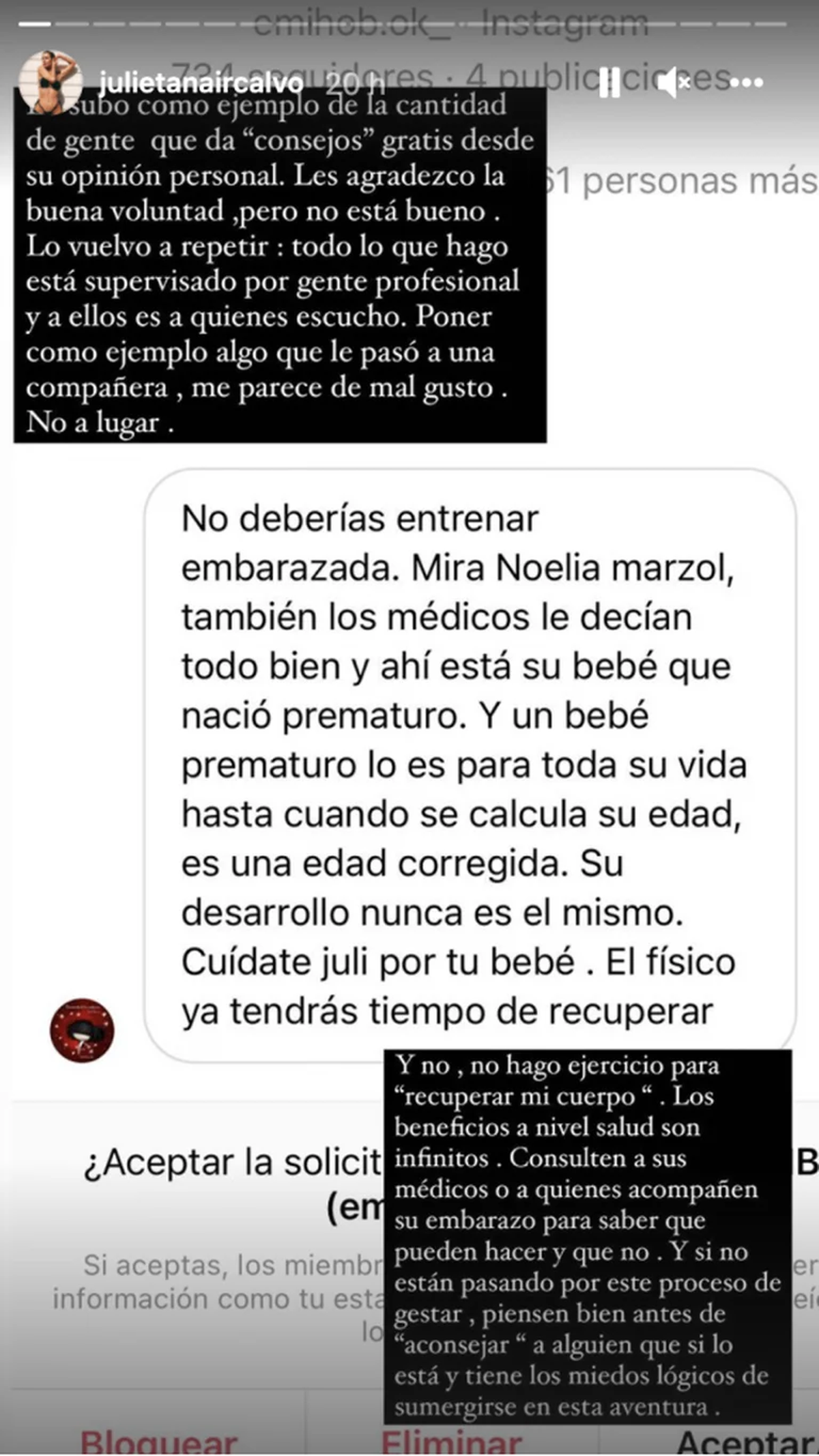 El enojo de Julieta Nair Calvo con un seguidor por su entrenamiento durante el embarazo.