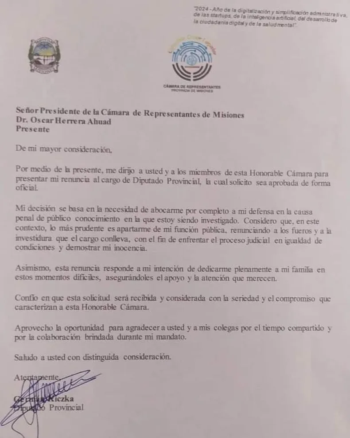 La explicación de Germán Kiczka sobre su renuncia. La explicación de Germán Kiczka sobre su renuncia. 