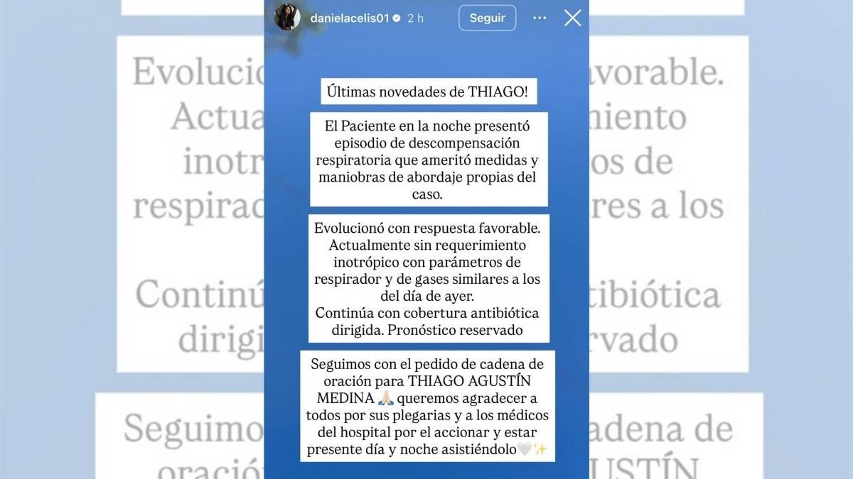 Daniela Celis compartió una nueva actualización sobre el estado de salud de Thiago Medina. Daniela Celis compartió una nueva actualización sobre el estado de salud de Thiago Medina. 