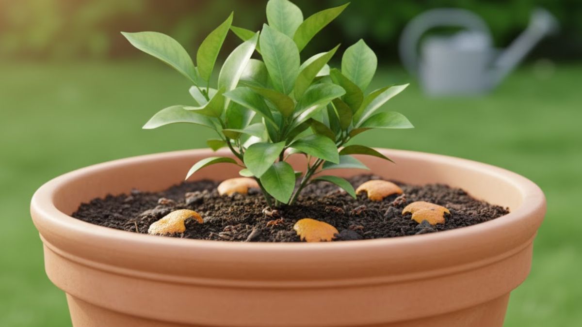 Cáscara de naranjas en las plantas.