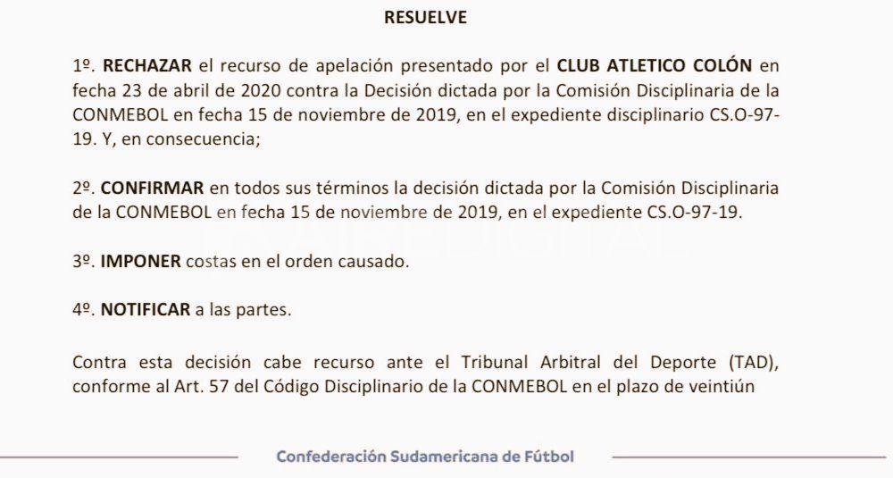 El comunicado de Conmebol rechazando el pedido de Colón.