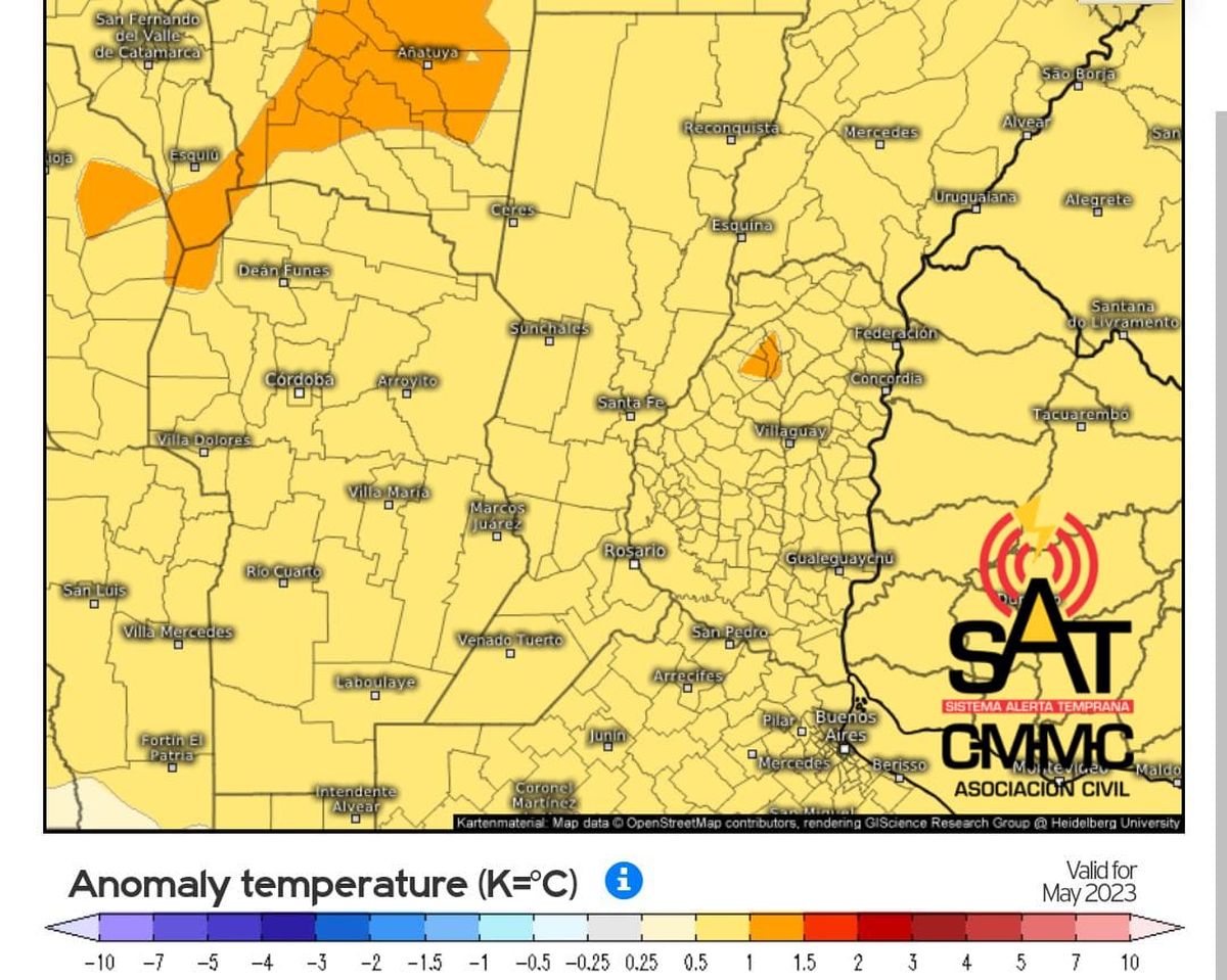 Anomalía de temperaturas en Santa Fe en mayo 2023.