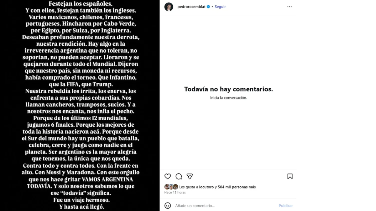 El desgarrador mensaje de Pedro Rosemblat tras la eliminación de la Selección Argentina. El desgarrador mensaje de Pedro Rosemblat tras la eliminación de la Selección Argentina.