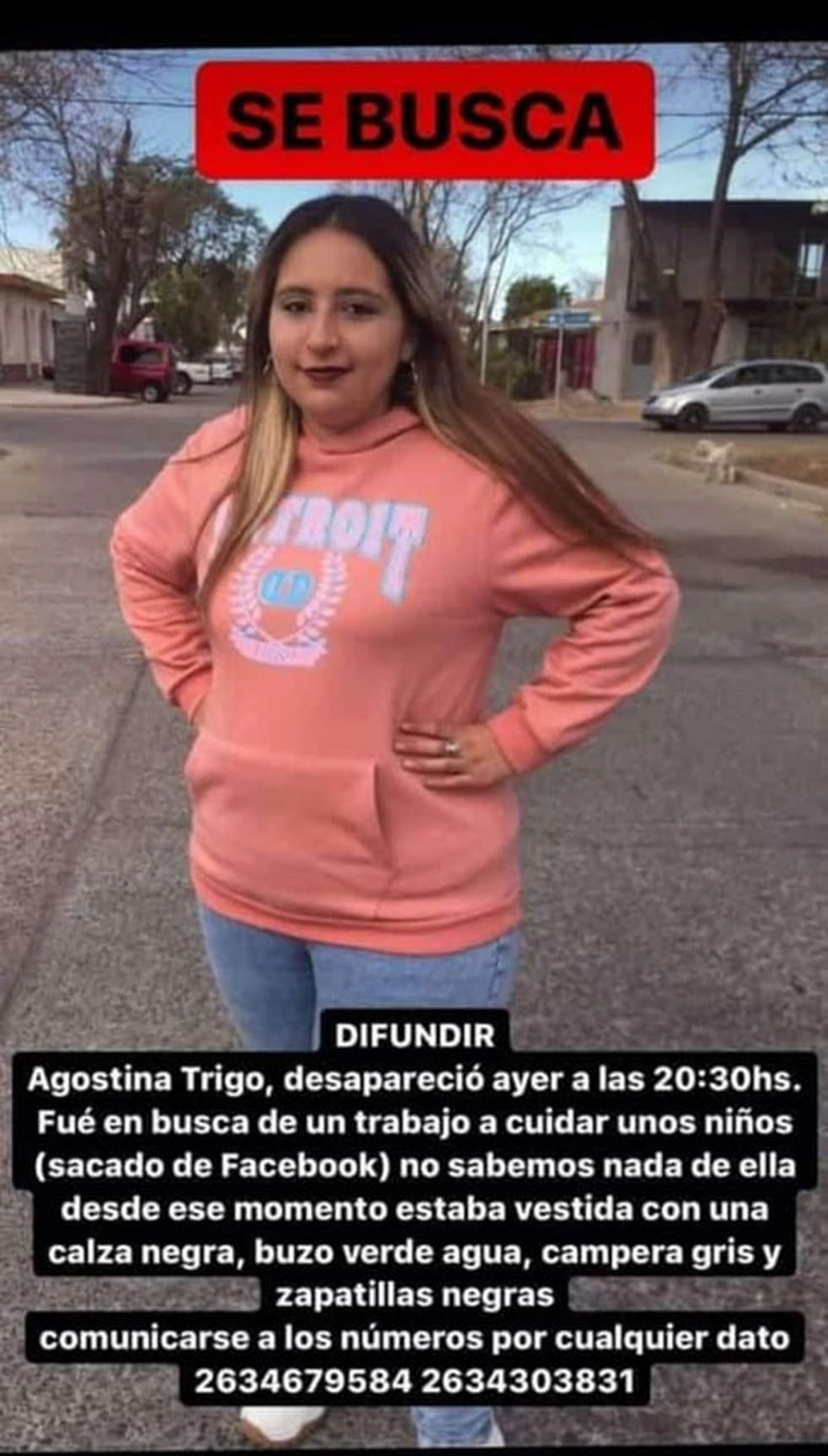 Carla Agostina Trigo se ausentó ayer de su domicilio en el departamento de San Martín para asistir a una entrevista de trabajo y nunca regresó.