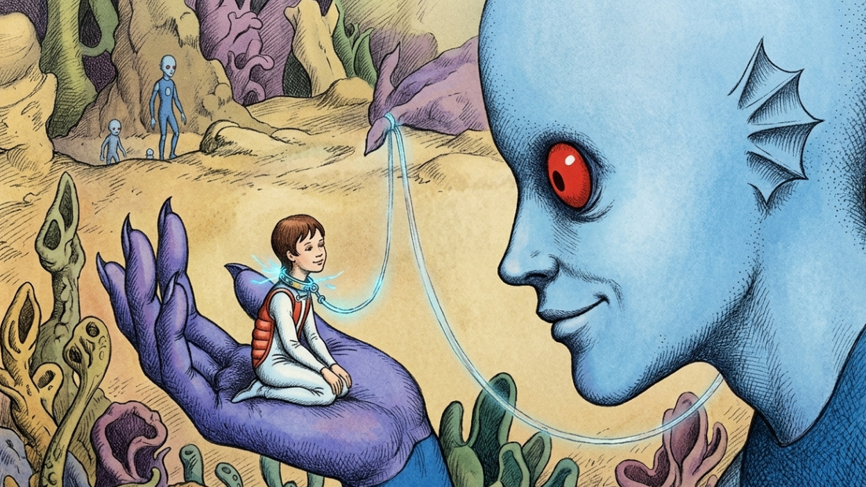 La imagen muestra a un alienígena gigante que sostiene a un ser humano como si fuera un juguete, reflejando el concepto de la fragilidad humana frente a una civilización mucho más avanzada.