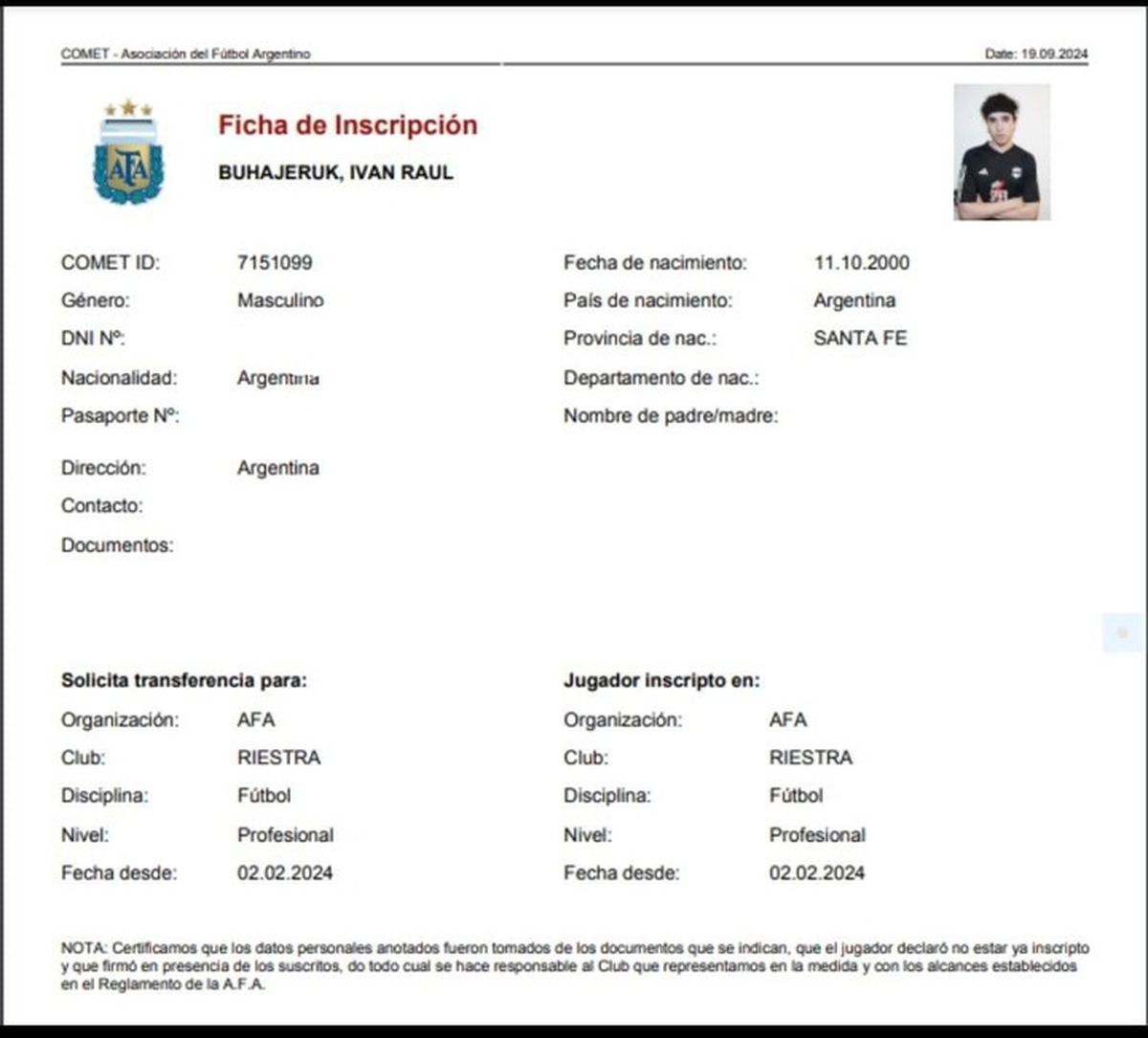 La ficha de inscripción de Spreen en la planilla Comet. La ficha de inscripción de Spreen en la planilla Comet.