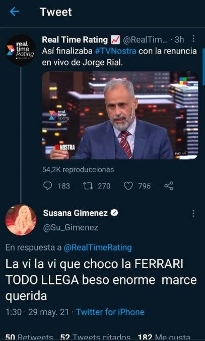 El tweet de Susana contra Jorge Rial.