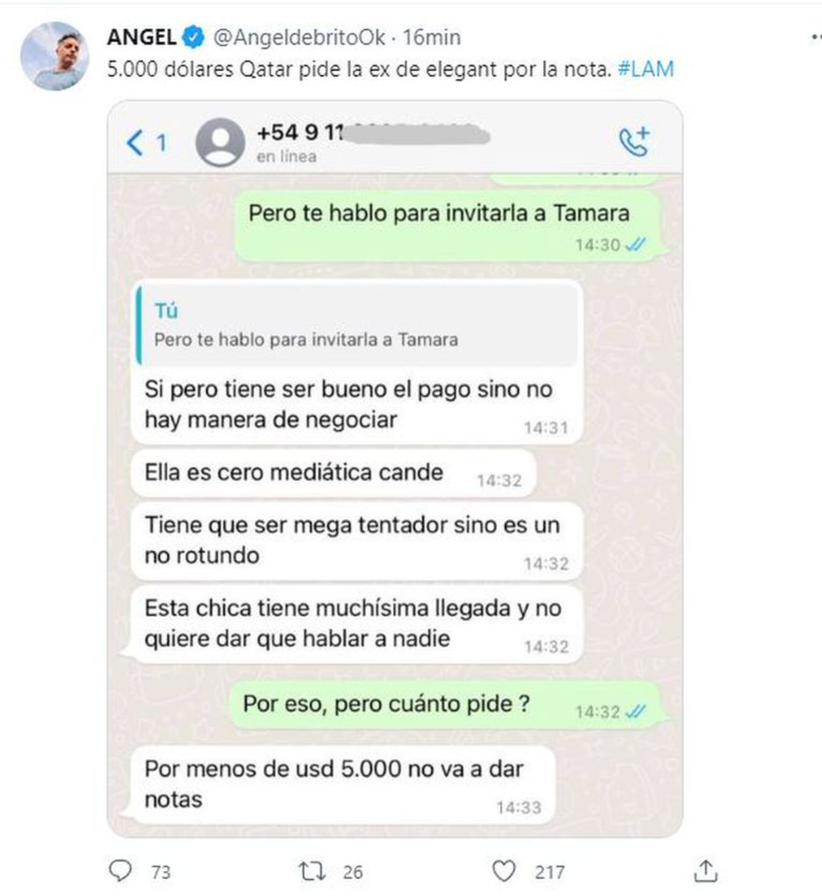 El monto en dólares que pidió Tamara Báez para hacer una nota en exclusiva.