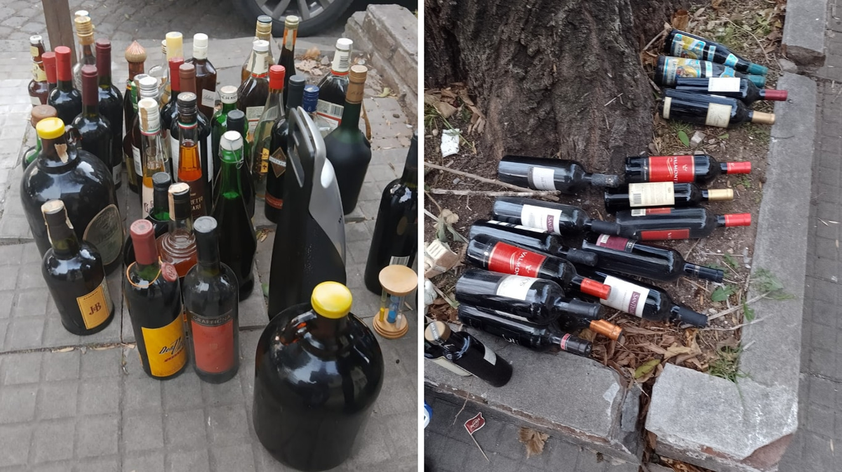 Sacó a la vereda todas las botellas de vino y whisky de su marido y sus vecinos aprovecharon