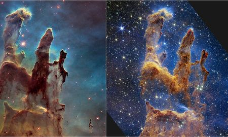 A la izquierda, está la icónica imagen del Hubble, tomada en luz visible. A la derecha, la imagen del Webb tomada en luz infrarroja invisible para nuestros ojos. A la izquierda, está la icónica imagen del Hubble, tomada en luz visible. A la derecha, la imagen del Webb tomada en luz infrarroja invisible para nuestros ojos.