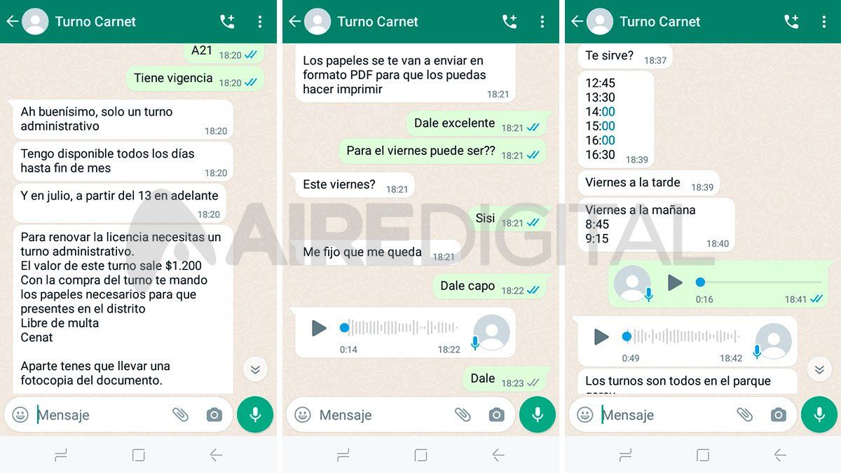 Imagen del chat de la conversación mantenida por el equipo de Creo y los "gestores" que ofrecen turnos para renovar el carné de conducir en Santa Fe a cambio de dinero.
