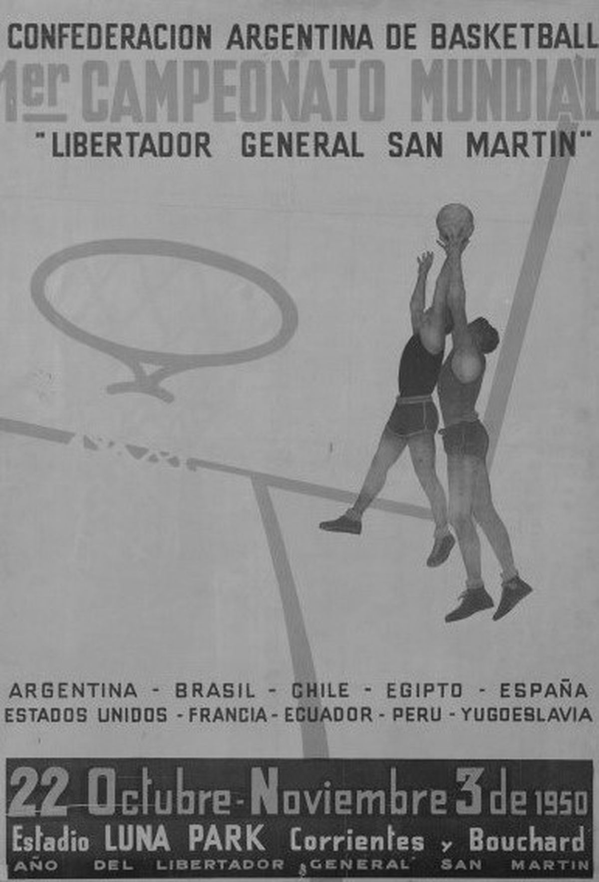 De este histórico primer Mundial de básquet –denominado Libertador General San Martín–, participaron diez Selecciones: Argentina, Estados Unidos, Francia, Brasil, Egipto, Yugoslavia, España, Perú, Chile y Ecuador. Se disputó entre el 22 de octubre y el 3 de noviembre de 1950 y, excepto dos partidos en Rosario, todos los demás encuentros se jugaron en el estadio Luna Park de la Capital Federal.