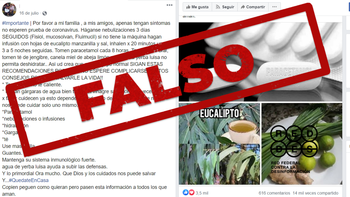 Es falso que el coronavirus se cura con nebulizaciones, remedios caseros y paracetamol