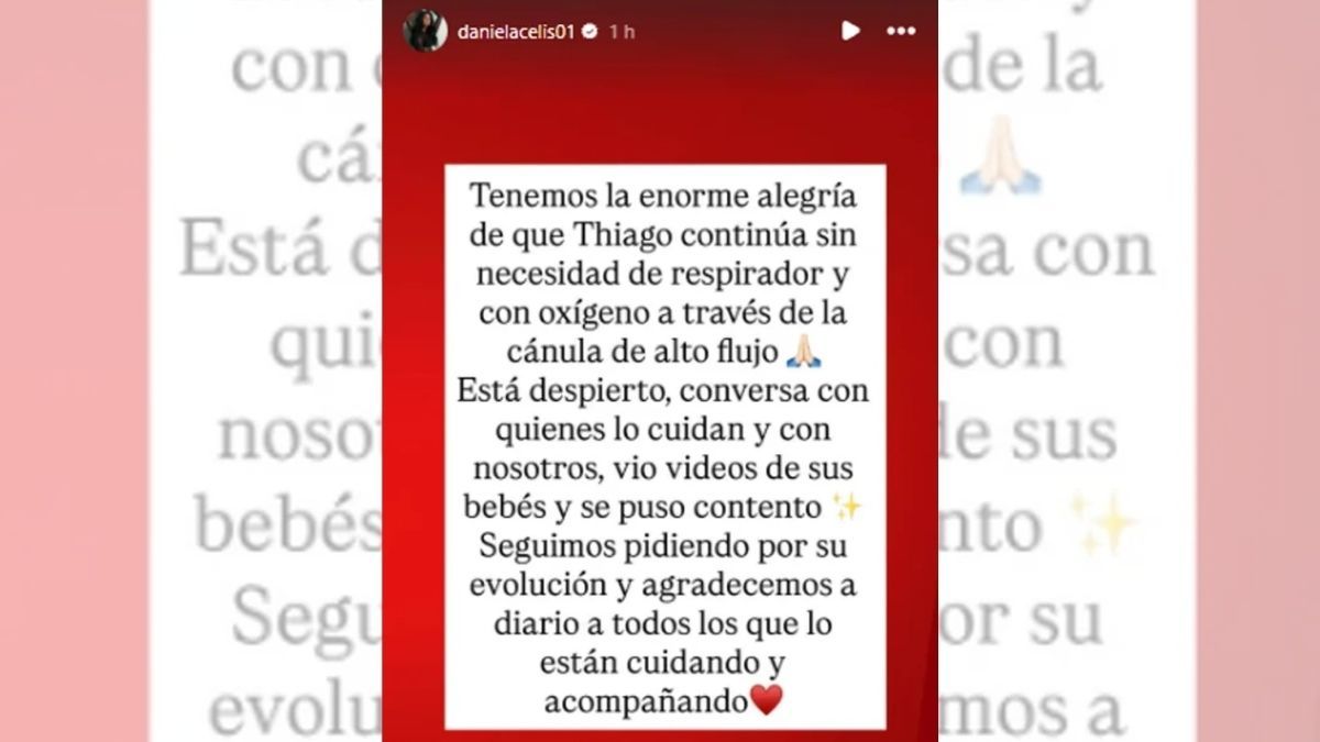 Daniela Celis contó que Thiago Medina continúa sin respirador y con oxígeno por cánula de alto flujo. Daniela Celis contó que Thiago Medina continúa sin respirador y con oxígeno por cánula de alto flujo.