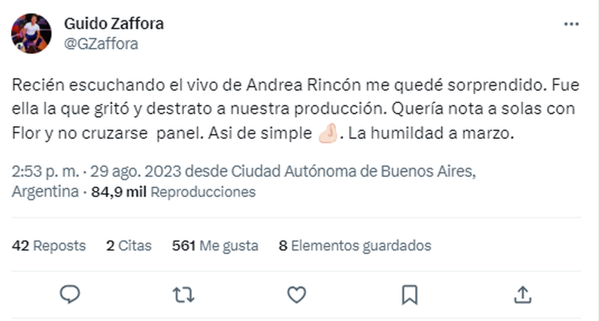 Guido Záffora estalló contra Andrea Rincón. Guido Záffora estalló contra Andrea Rincón.