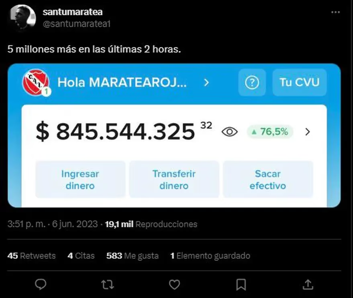 Santi Maratea y el total de lo recaudado hasta el momento.