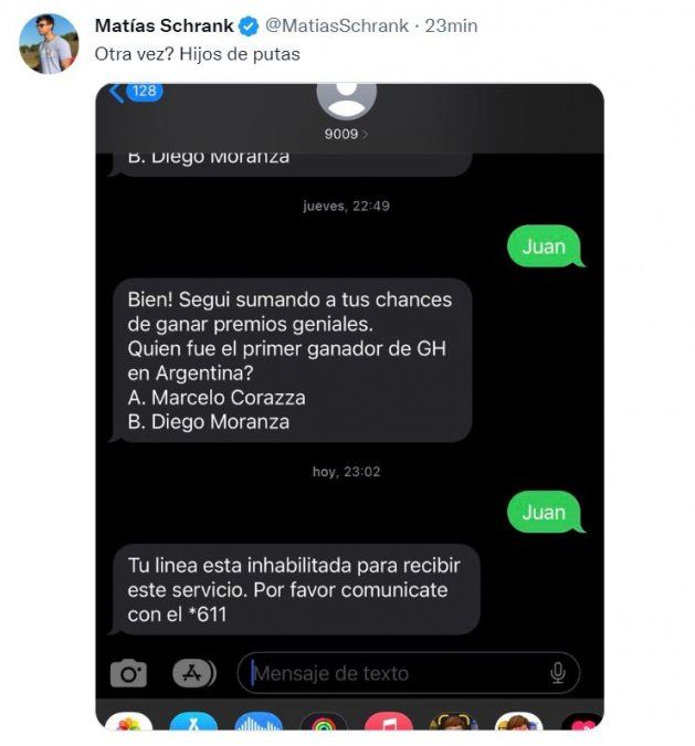 Matías Schrank denunció que no entran los votos contra Juan de Gran Hermano.