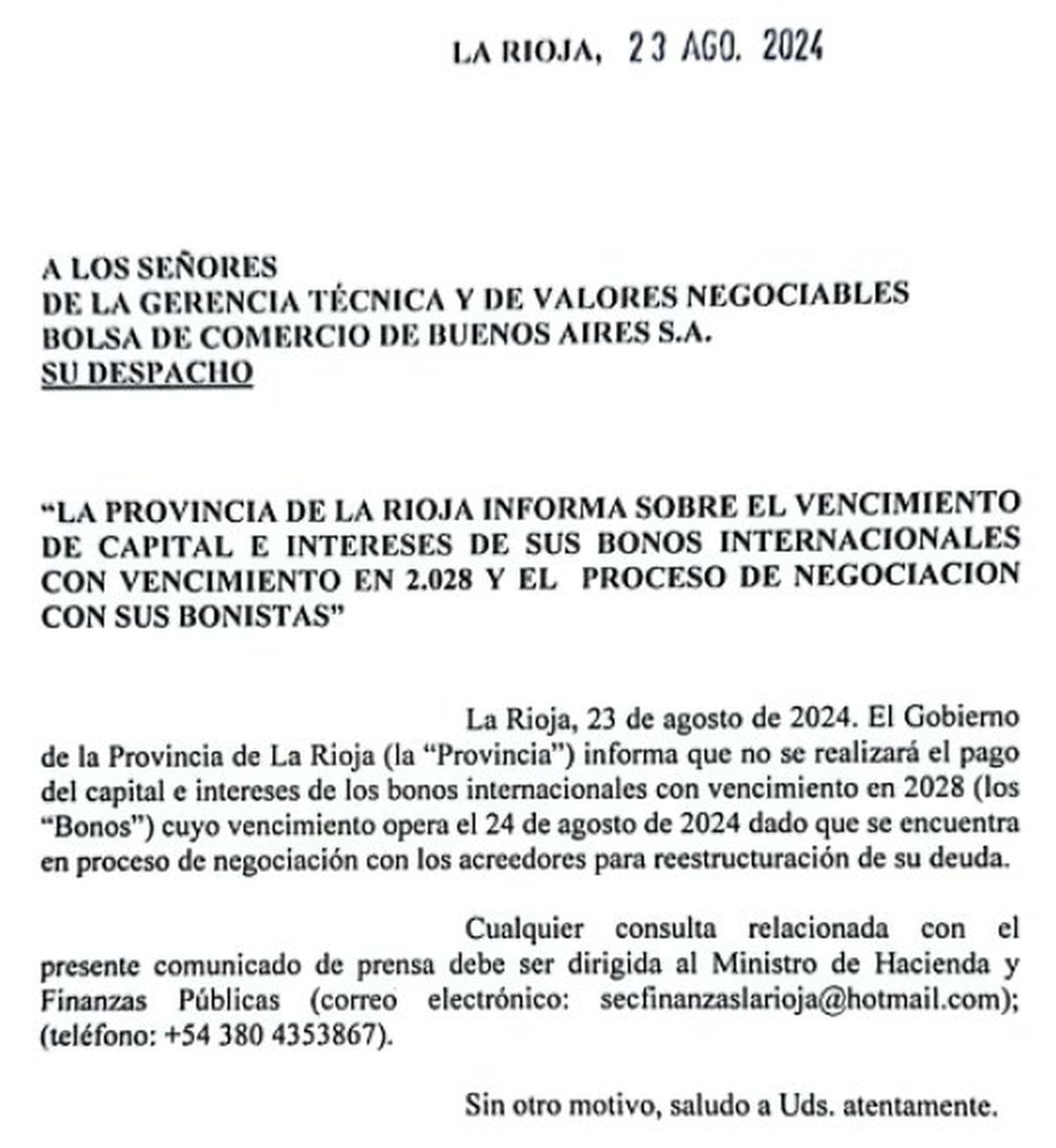 Nota Bolsa de Comercio de Buenos Aires. Nota Bolsa de Comercio de Buenos Aires.