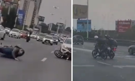 Así se pelearon en la Avenida General Paz dos motoqueros. Así se pelearon en la Avenida General Paz dos motoqueros.
