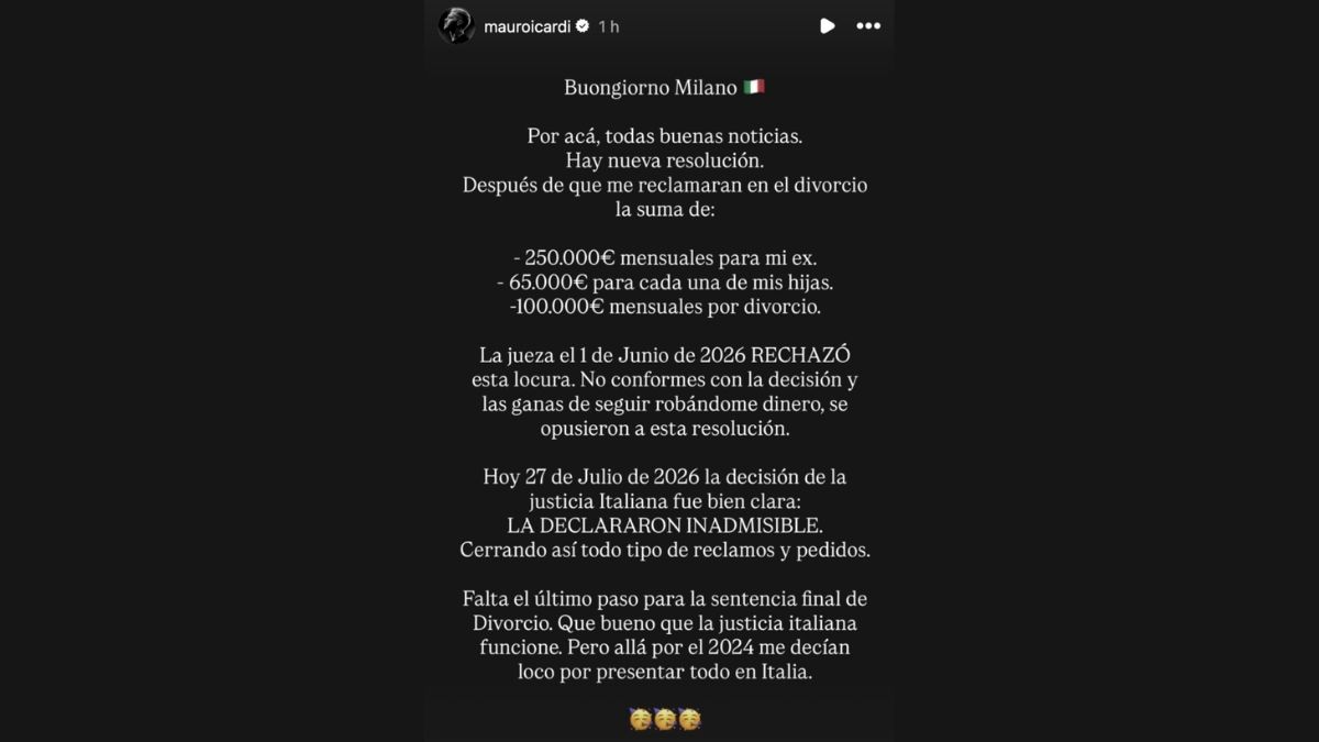 Mauro Icardi celebró la resolución que desestimó los pedidos económicos de Wanda Nara. Mauro Icardi celebró la resolución que desestimó los pedidos económicos de Wanda Nara. 