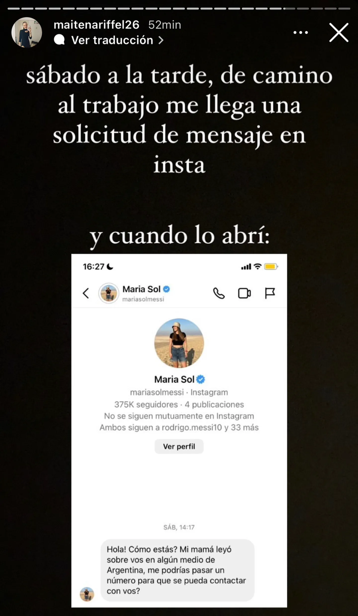 Maitena recibe un mensaje por parte de María Sol Messi. (Captura de pantalla de Instagram)