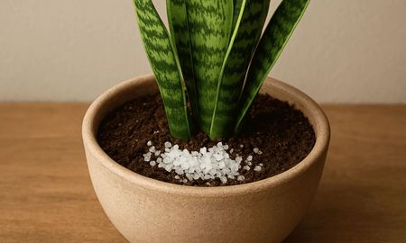 El secreto del éxito: una pizca de sal gruesa en la superficie del sustrato ayuda a prevenir hongos y mejora el drenaje de la Lengua de Suegra. El secreto del éxito: una pizca de sal gruesa en la superficie del sustrato ayuda a prevenir hongos y mejora el drenaje de la Lengua de Suegra.