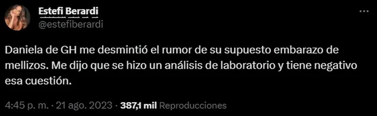 Estefi Berardi desmintió los rumores del embarazo de Daniela Celis. Estefi Berardi desmintió los rumores del embarazo de Daniela Celis.