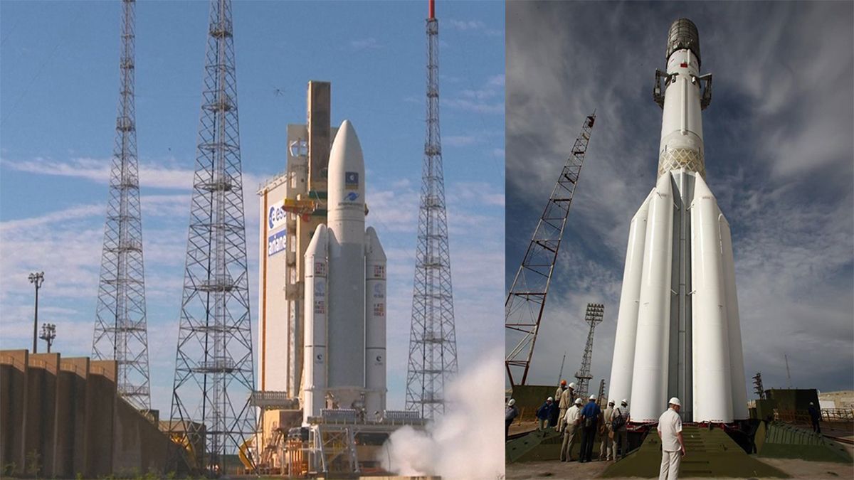 El cohete Ariane 5 a la izquierda, de 59 metros. A la derecha, el cohete ruso Protón, de 53 metros.