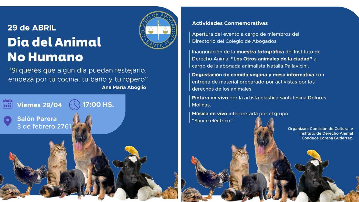 El Colegio de Abogados de Santa Fe realizará una jornada conmemorativa por el Día del Animal no humano.