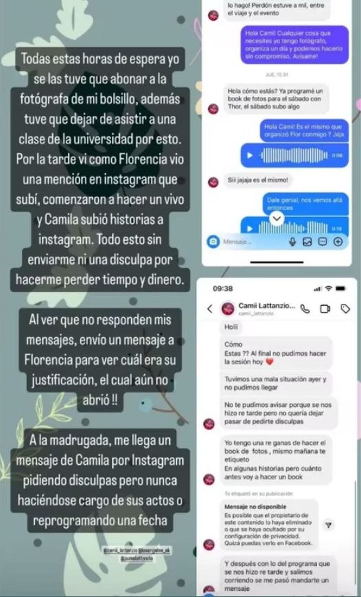 Camila Lattanzio habría faltado a una sesión de fotos junto a su mascota luego de recibir ropa como canje y ya no contestaba los mensajes. 