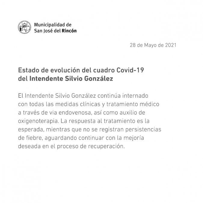 Según aseguraron desde el municipio rinconero, la respuesta al tratamiento es la esperada, mientras que no se registran persistencias de fiebre, aguardando continuar con la mejoría deseada en el proceso de recuperación.