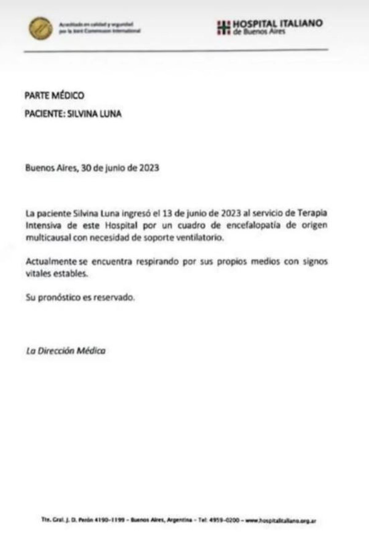 El primer parte médico de Silvina Luna. El primer parte médico de Silvina Luna.