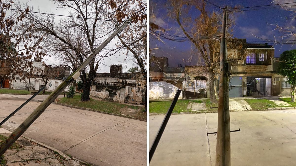 Poste de telefonía inclinado en barrio Ciudadela: vecinos denuncian que hace seis días esperan una solución.