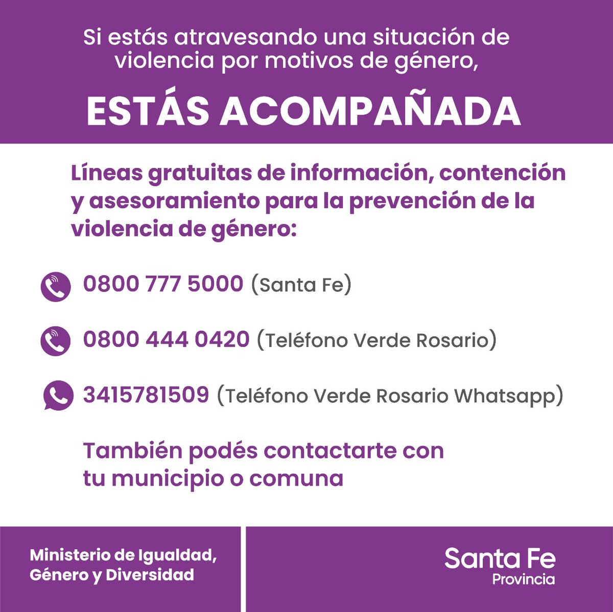 Información sobre las líneas de contención y asesoramiento en la provincia de Santa Fe para casos de violencia de género. Información sobre las líneas de contención y asesoramiento en la provincia de Santa Fe para casos de violencia de género.