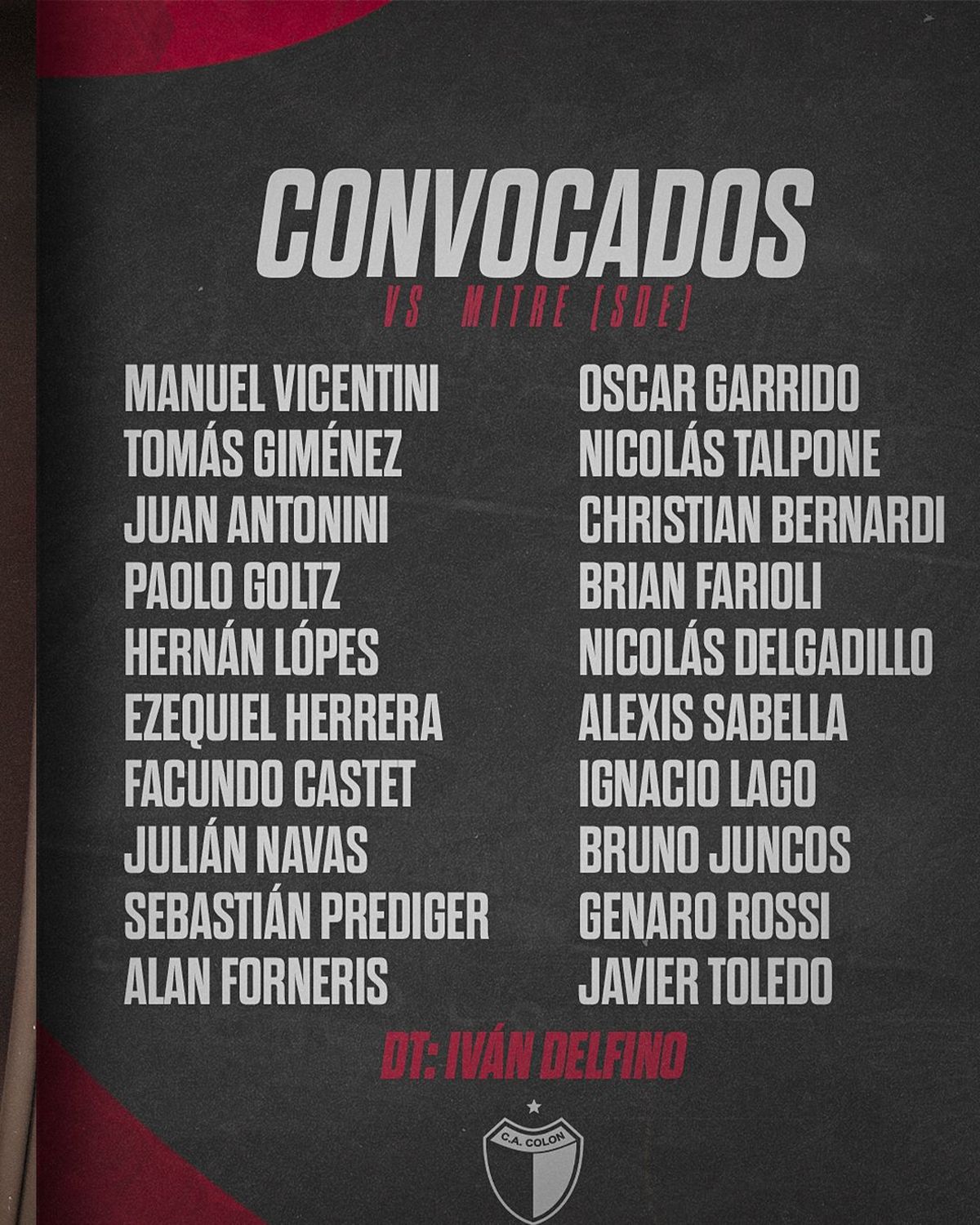 La lista de convocados de Colón vs. Mitre.