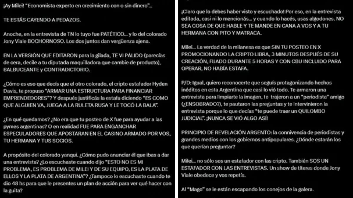Cristina Kirchner compartió en su cuenta personal de X, un duro mensaje contra Javier Milei. Cristina Kirchner compartió en su cuenta personal de X, un duro mensaje contra Javier Milei.