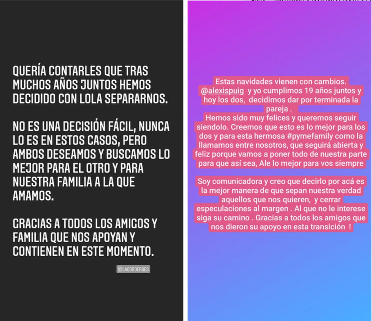 El mensaje de separaci&oacute;n de Alexis Puig y Lola Cordero.