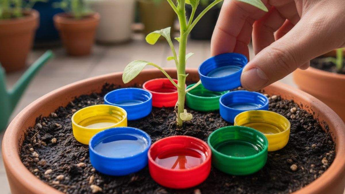 Poner tapitas de botella alrededor de los tallos de las plantas.