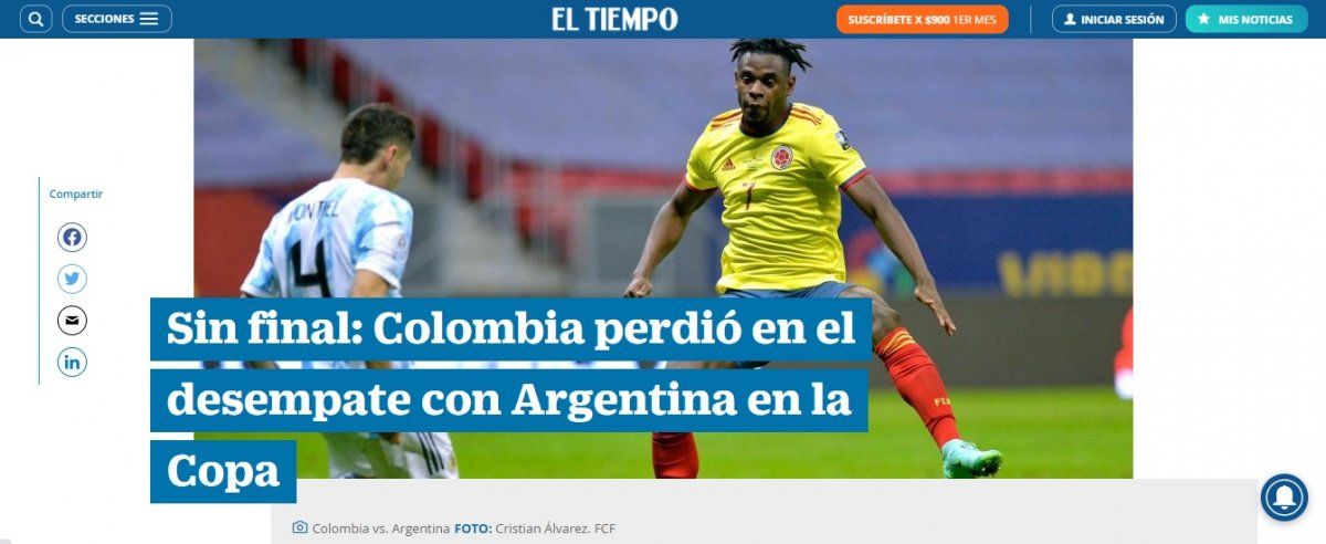 Así tituló "El Tiempo" de Bogotá la derrota de Colombia ante Argentina por la Copa América.
