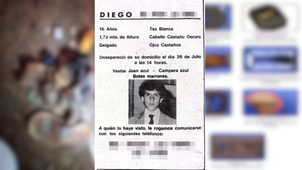 Cartel que los padres de Diego, el joven hallado muerto en la casa donde vivió Gustavo Cerati pegaron en las calles para buscarlo. Cartel que los padres de Diego, el joven hallado muerto en la casa donde vivió Gustavo Cerati pegaron en las calles para buscarlo.