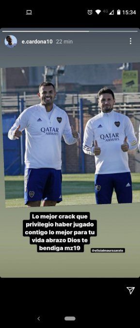 La historia de Instagram que le dedicó Edwin Cardona a Mauro Zárate, a modo de despedida de Boca.