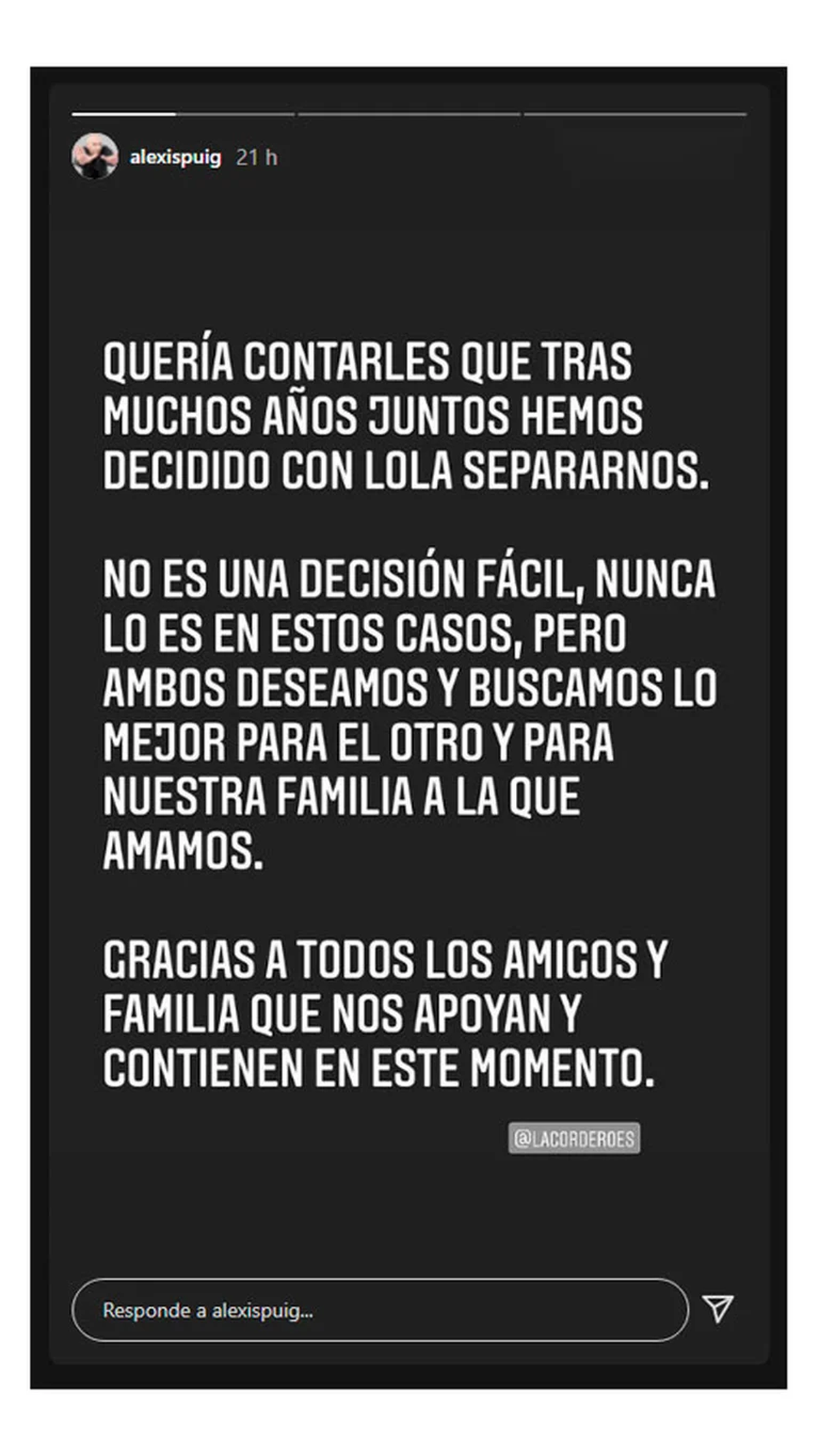 Alexis Puig&nbsp;y Lola Cordero confirmaron su separaci&oacute;n por las redes sociales.