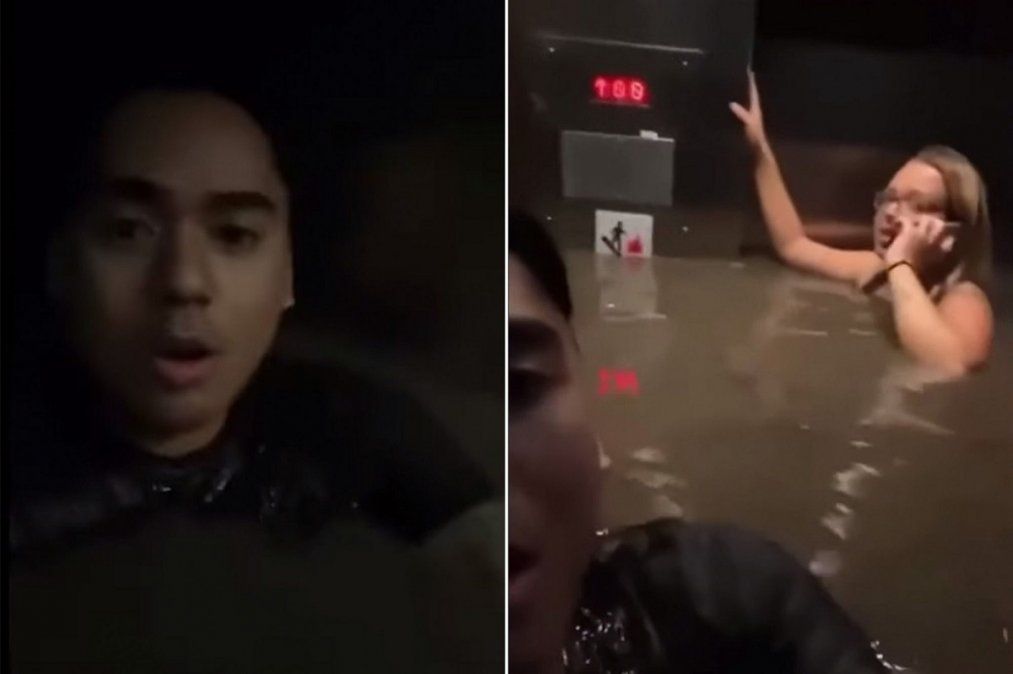 Video viral muestra como tres amigos se quedaron encerrados en un ascensor con el agua al cuello.