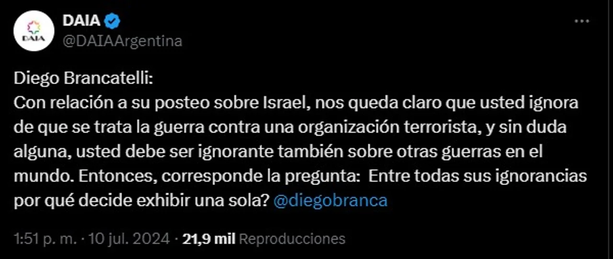 La DAIA respondió a Diego Brancatelli. La DAIA respondió a Diego Brancatelli.