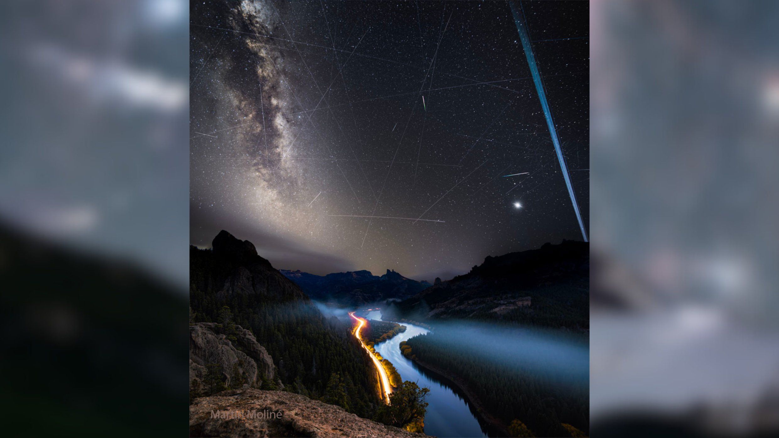 Meteoros y estelas satelitales sobre el río Limay. Crédito de la imagen y Copyright : Martín Moliné. Foto reconocida por la NASA. Meteoros y estelas satelitales sobre el río Limay. Crédito de la imagen y Copyright : Martín Moliné. Foto reconocida por la NASA.