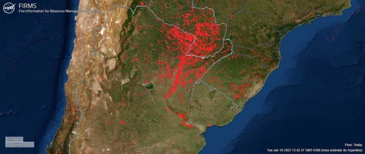 Los focos de calor en Santa Fe y las provincias limítrofes durante los últimos siete días, según el monitoreo de la NASA.